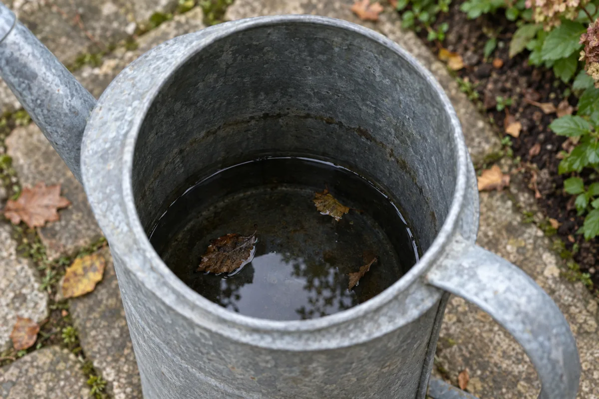 Vue plongeante dans un arrosoir en zinc posé sur une terrasse, avec un fond d’eau de pluie sombre et des débris de feuilles au fond